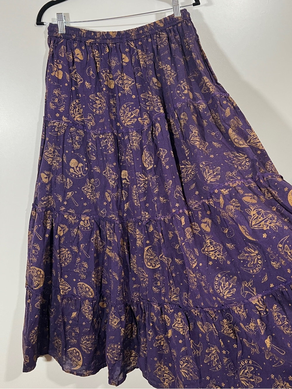Tiered Skirt Mushroom Celestial Witchy in Purple Gold Pockets Large Flowy Cotton - Picture 10 of 10